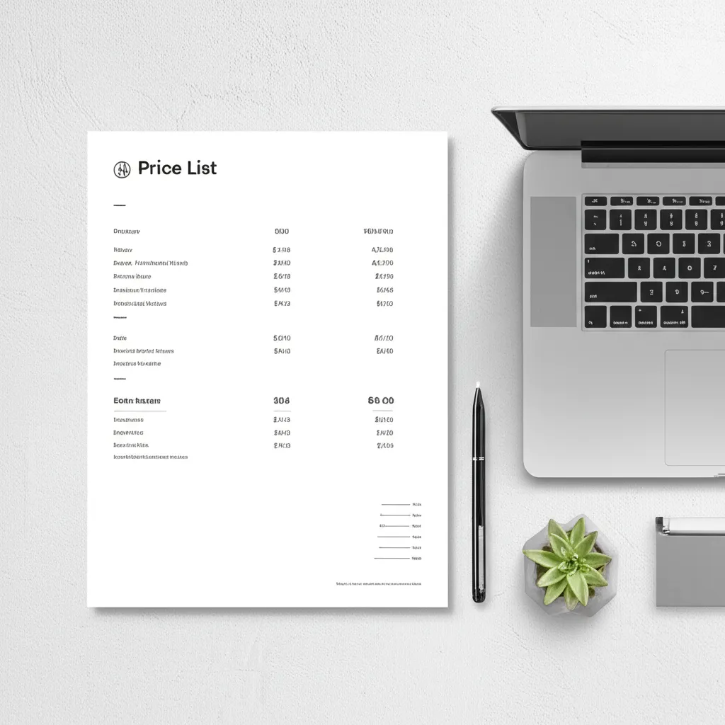 Пример того, как сделать прайс лист: документ на столе рядом с ноутбуком