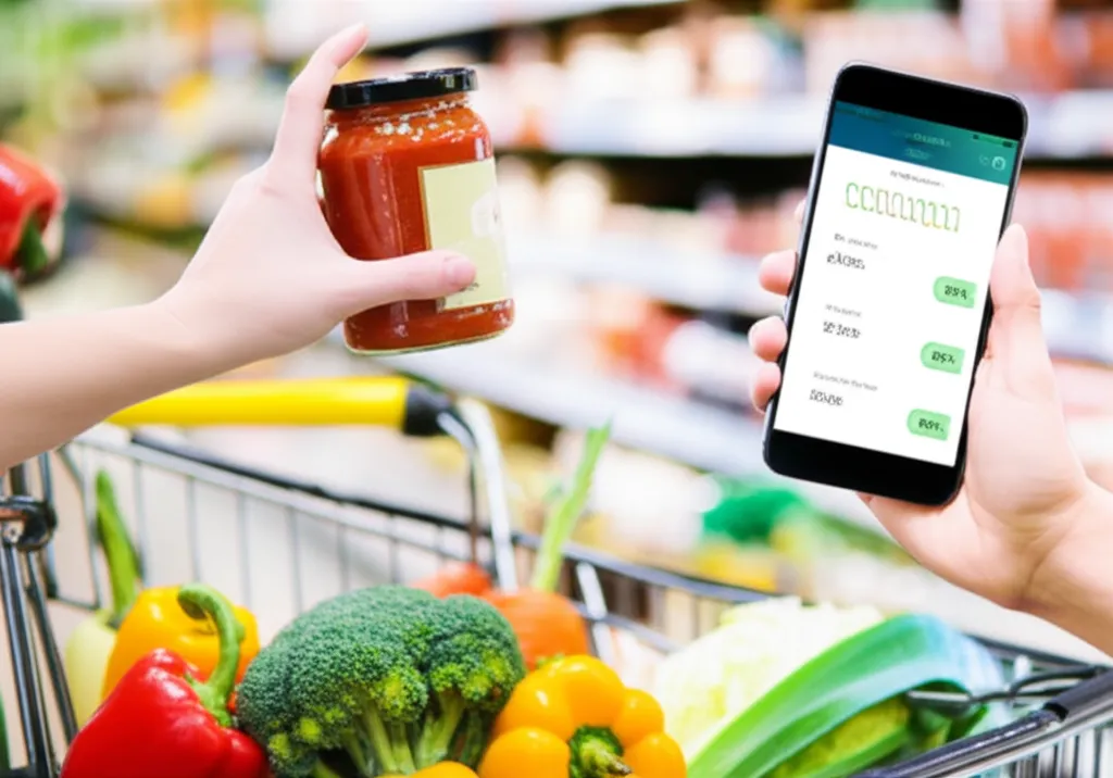 Человек применяет на практике советы, как сэкономить деньги в супермаркетах, сверяя товар со списком в телефоне.