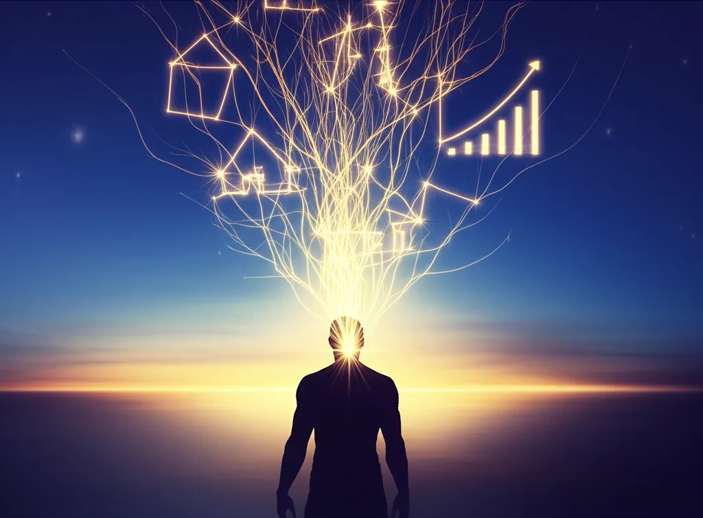 Иллюстрация, показывающая, как сила мысли воплощается в реальность через нейронные связи, устремленные к целям.