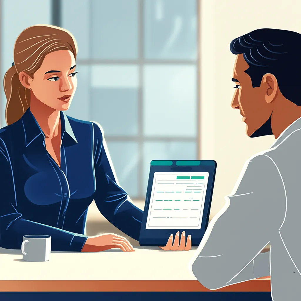 Профессиональный консультант объясняет, как сказать клиенту цену на товар, показывая прайс на планшете