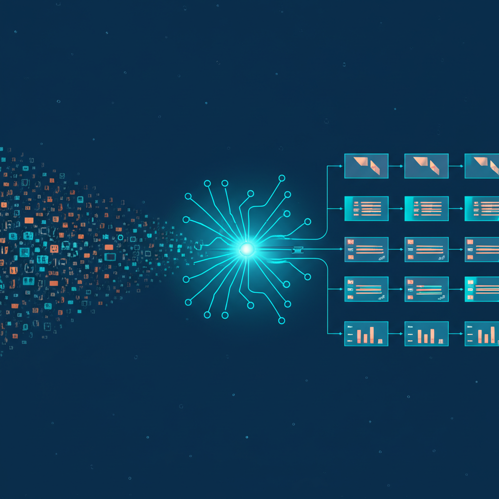 Схематичное изображение, которое показывает, как создать обучающий датасет: от хаотичных данных к структурированному набору для AI.