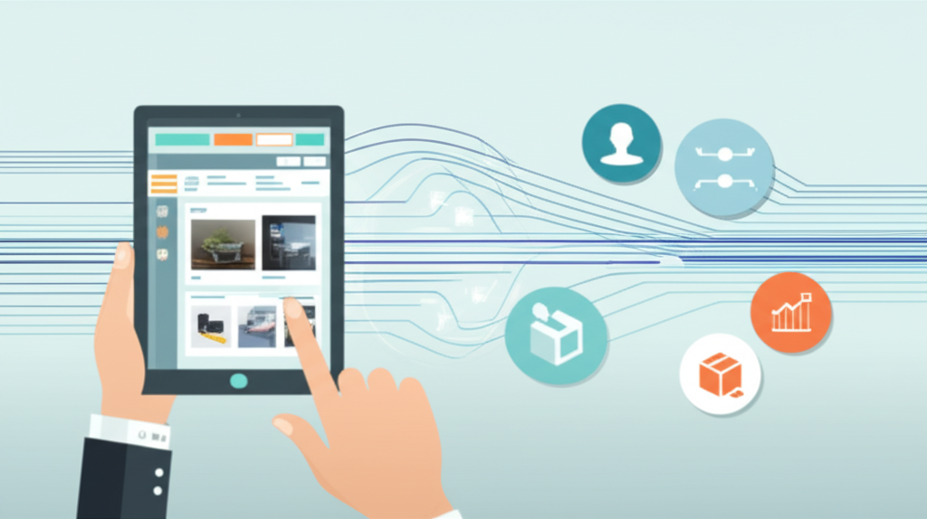 Специалист использует планшет, чтобы создать прайс лист приложение для автоматизации работы с каталогом товаров.