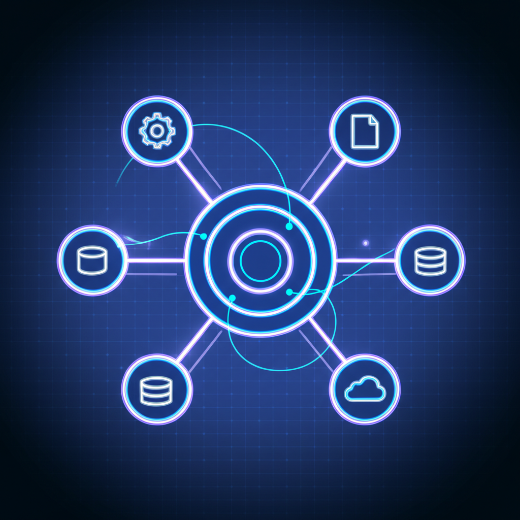 Иллюстрация того, как современный веб-портал объединяет приложения, базы и сервисы через централизованный интерфейс.