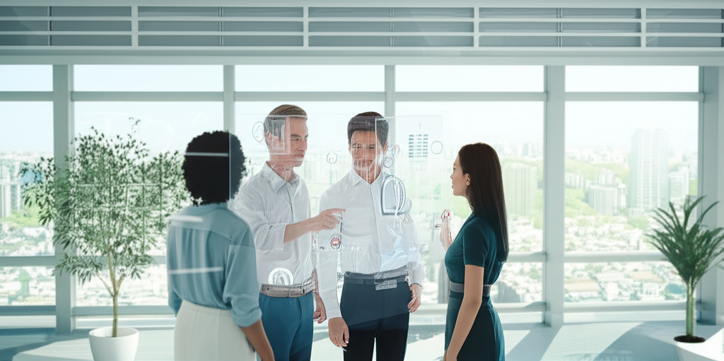 Сотрудники обсуждают, как вести бизнес в 2025 году, используя голографический интерфейс.