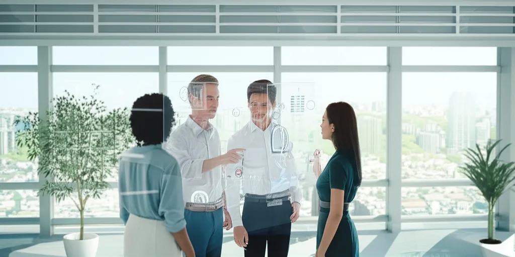 Сотрудники обсуждают, как вести бизнес в 2025 году, используя голографический интерфейс.