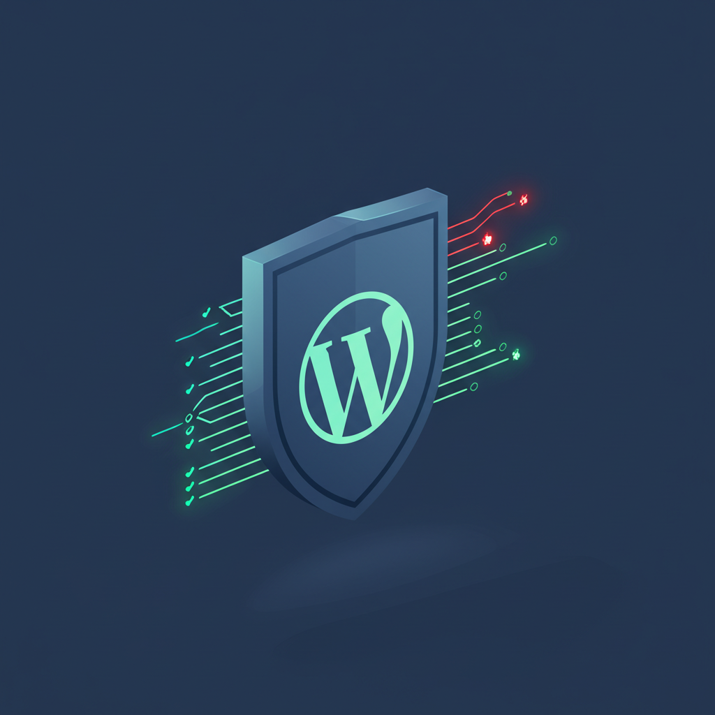 Цифровой щит с логотипом WordPress, который проверяют сканеры WordPress для безопасности, выявляя угрозы.