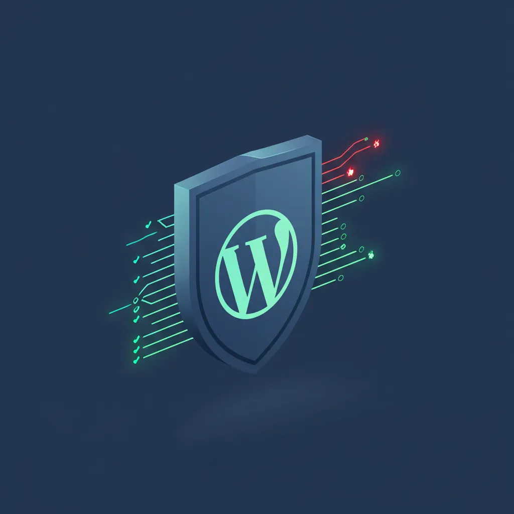 Цифровой щит с логотипом WordPress, который проверяют сканеры WordPress для безопасности, выявляя угрозы.
