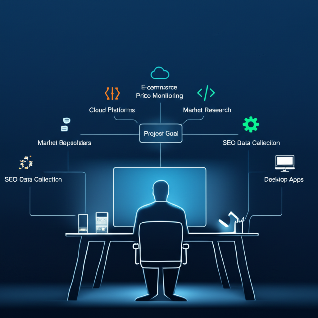 Инфографика, иллюстрирующая процесс Как выбрать инструменты для парсинга, с иконками разных типов программ.