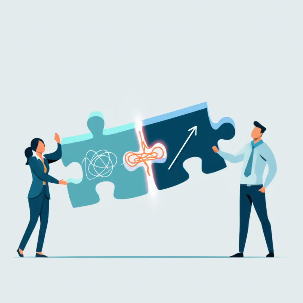 Схематичное изображение двух людей, соединяющих элементы пазла, что символизирует, как заключить больше сделок через партнерство.