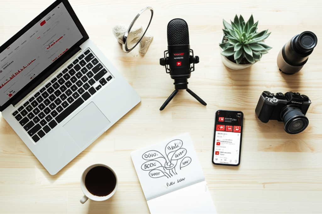 Современное рабочее место, где показано, как зарабатывать на YouTube: ноутбук с аналитикой, камера и микрофон.