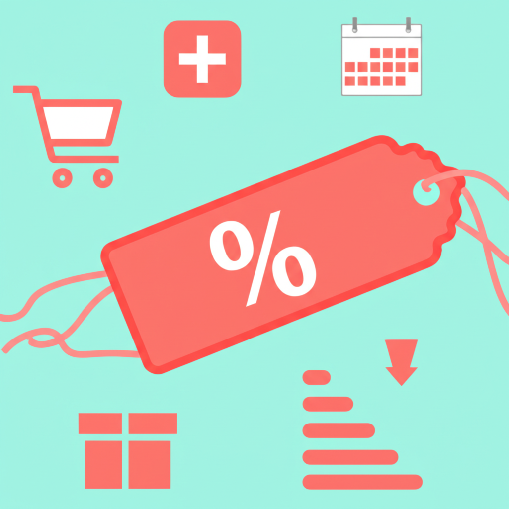 Разнообразные иконки и ценники, наглядно демонстрирующие, какие виды скидок существуют в современном маркетинге.