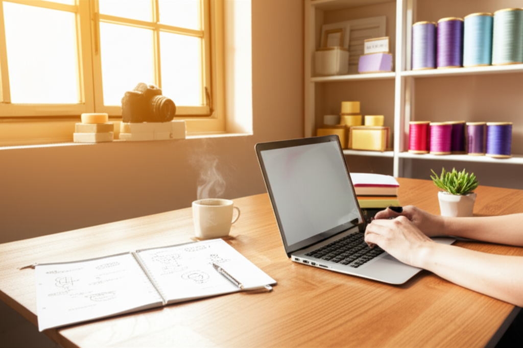 Человек решает, каким бизнесом заняться в домашних условиях, работая за ноутбуком в уютной обстановке.