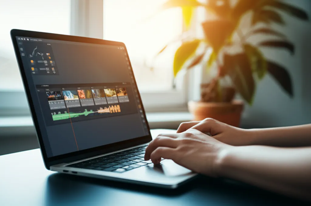 Интерфейс, который предлагает лучший онлайн видеоредактор 2025 на экране ноутбука в современном офисе