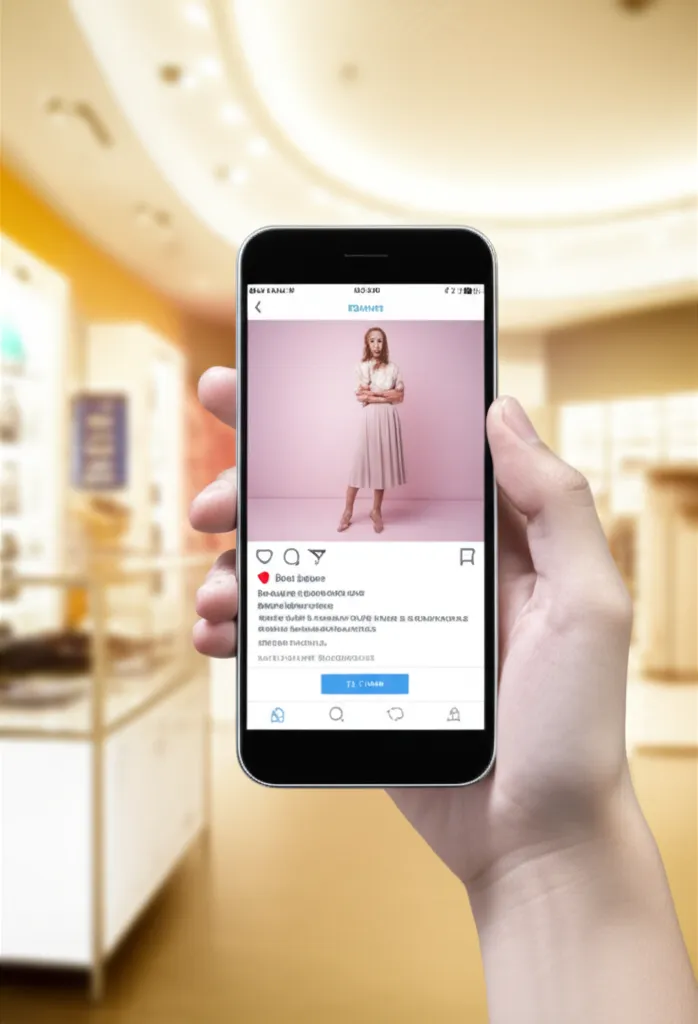 Графическое изображение, иллюстрирующее роль соцсетей онлайн покупки ритейл через смартфон на фоне магазина
