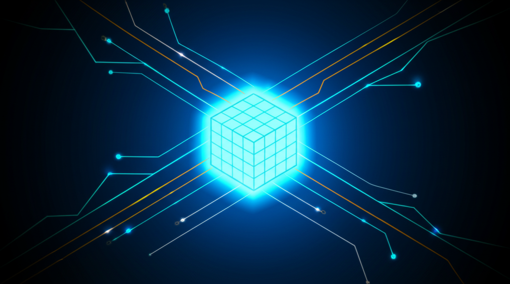 Абстрактная визуализация, где представлена полная информация о датасете в виде светящегося куба со потоками сведений.