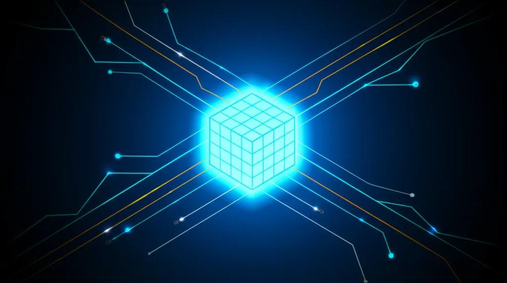 Абстрактная визуализация, где представлена полная информация о датасете в виде светящегося куба со потоками сведений.