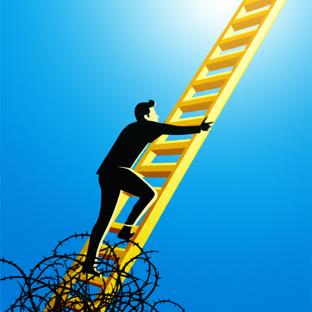 Визуализация того, что мешает разбогатеть: человек пытается взобраться по лестнице успеха, но его удерживают внутренние барьеры.