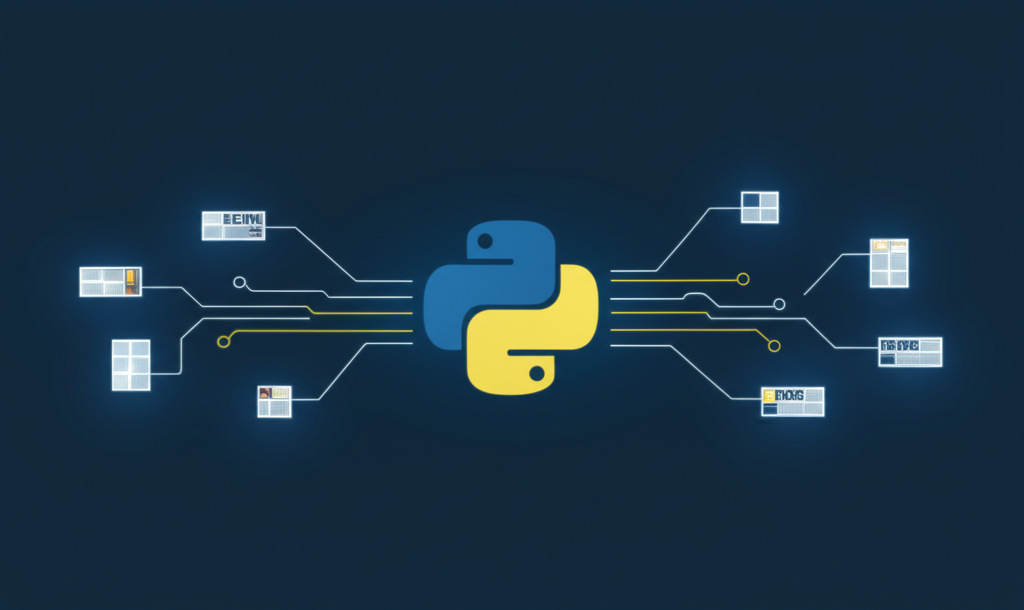 Абстрактная визуализация, где используются библиотеки Python для парсинга новостных данных