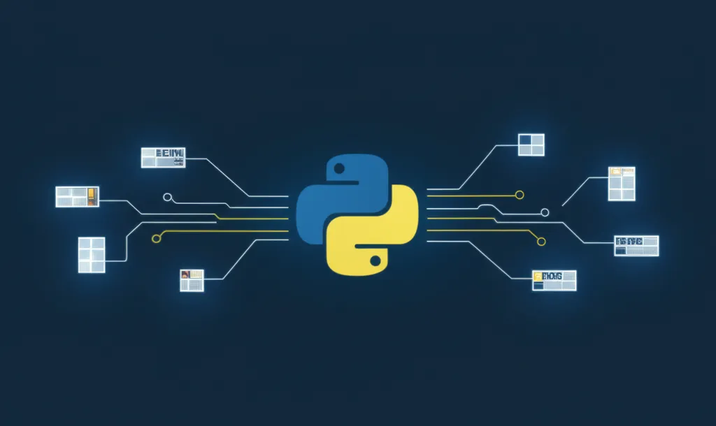 Абстрактная визуализация, где используются библиотеки Python для парсинга новостных данных