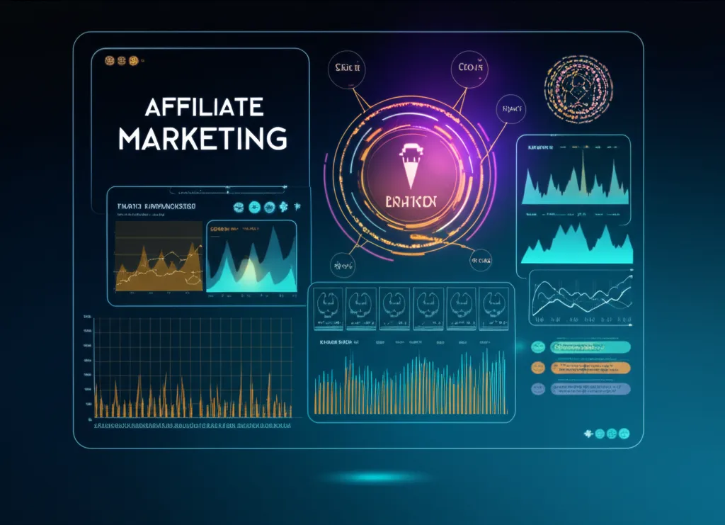 Цифровой дашборд и графики, иллюстрирующие современные инструменты аффилированного маркетинга 2025