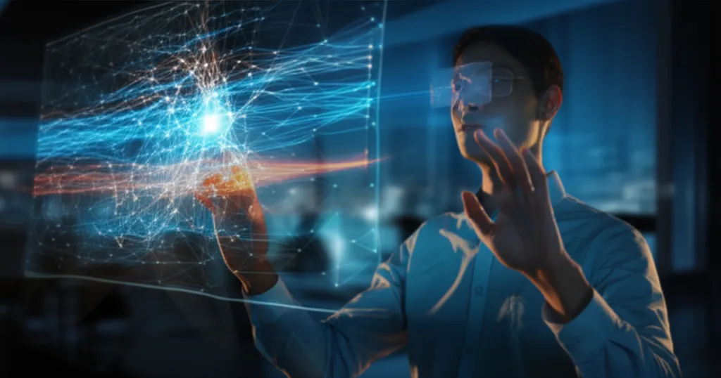 Специалист развивает навыки для эффективной работы с ИИ, управляя футуристическим интерфейсом.