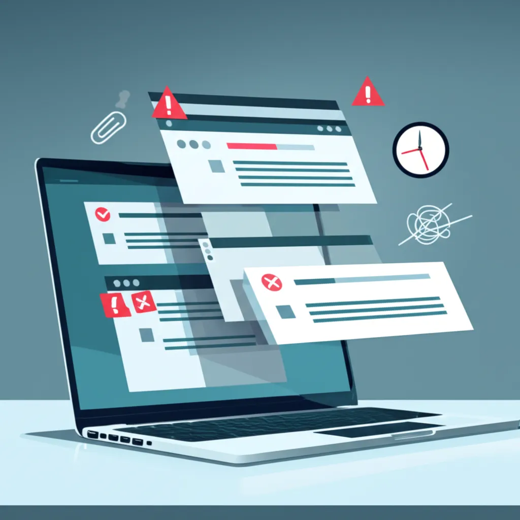 Иллюстрация, символизирующая типичные ошибки в электронной почте: перечеркнутый конверт и знаки предупреждения.