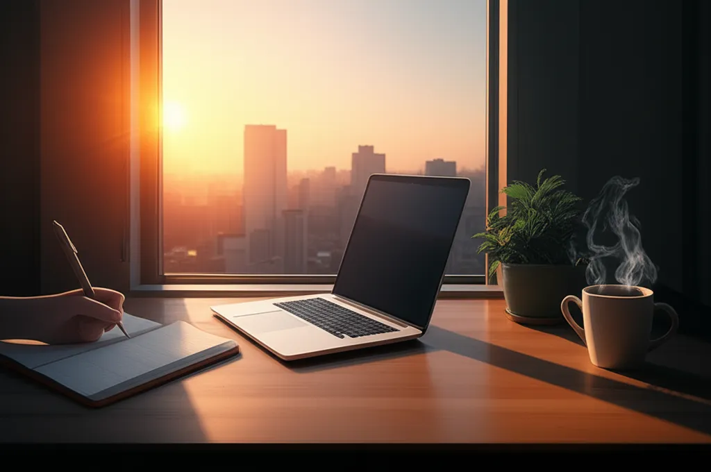 Человек планирует день на рассвете, внедряя полезные привычки для успеха.