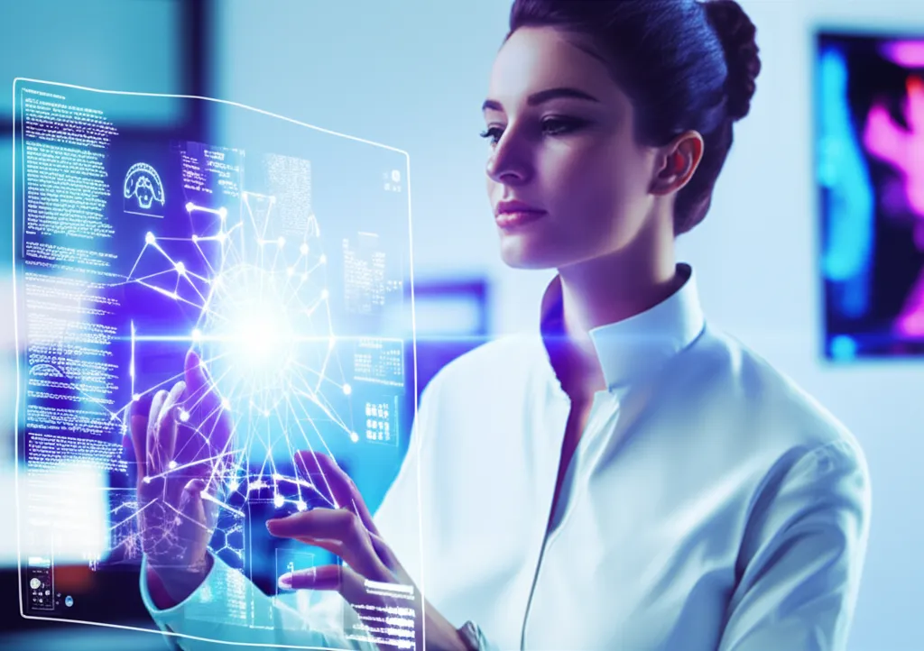 Визуализация ключевых трендов генеративного ИИ 2025 на примере взаимодействия человека с нейросетевым интерфейсом.