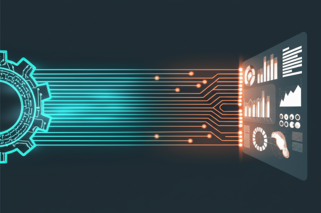 Схематичное изображение, где работает компания по erp-решениям: кастомная интеграция для bi, показывая поток данных из системы.