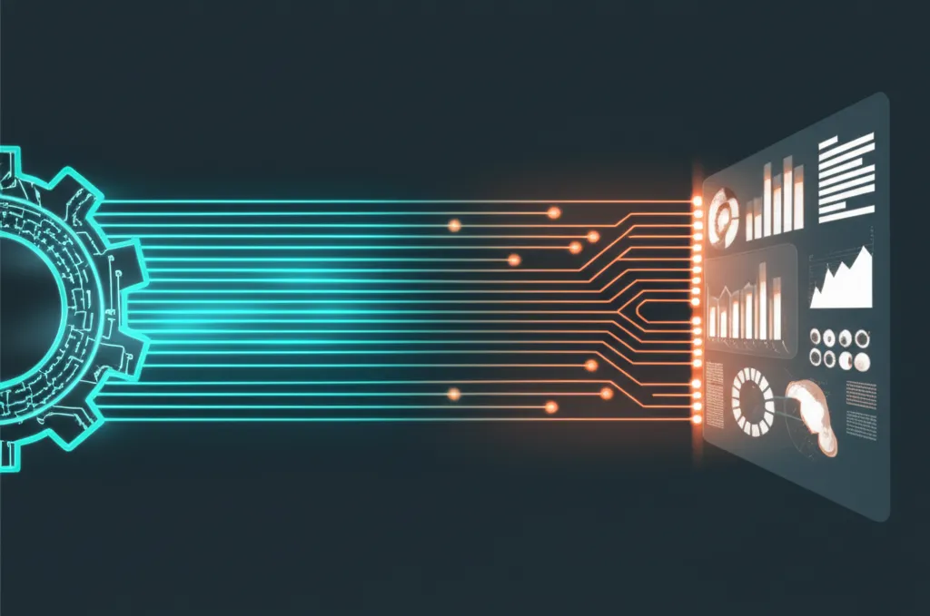Схематичное изображение, где работает компания по erp-решениям: кастомная интеграция для bi, показывая поток данных из системы.