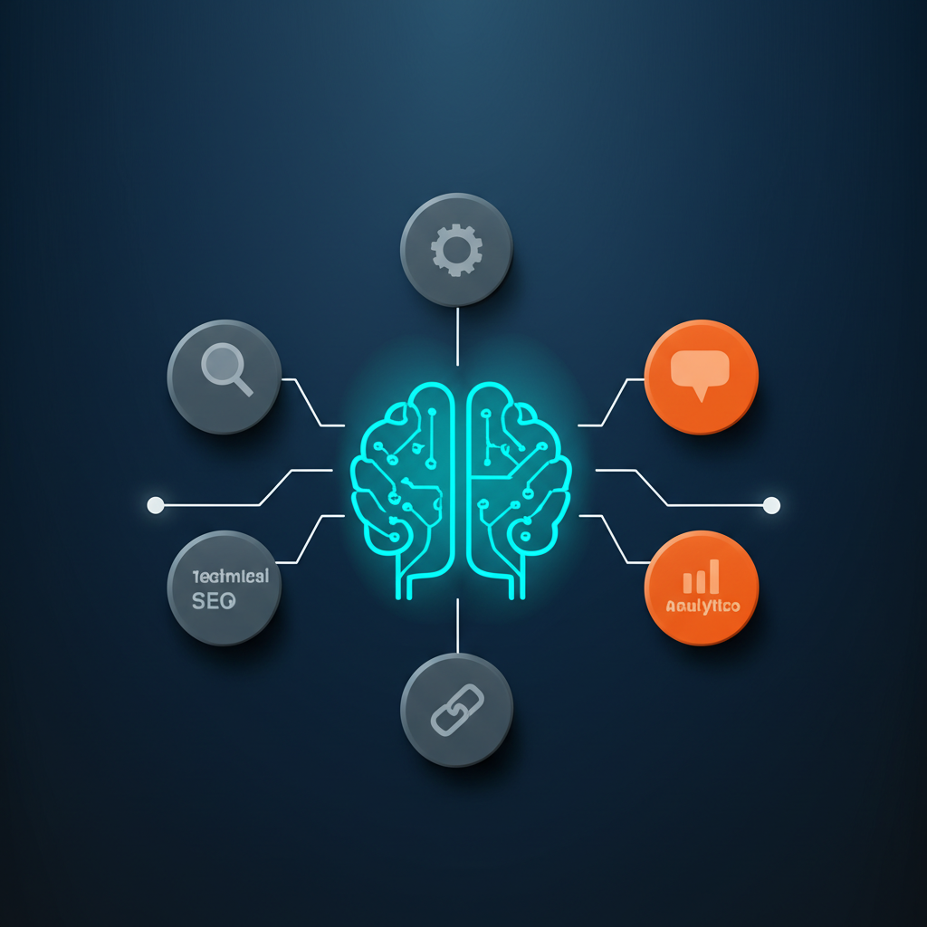 Инфографика, иллюстрирующая комплексная SEO стратегия привлечение клиентов через ключевые этапы: аудит, контент и аналитика.