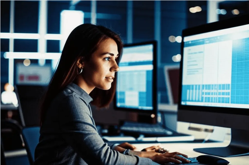 Красивая брюнетка анализирует данные e-commerce: парсинг OZON для конкурентов.