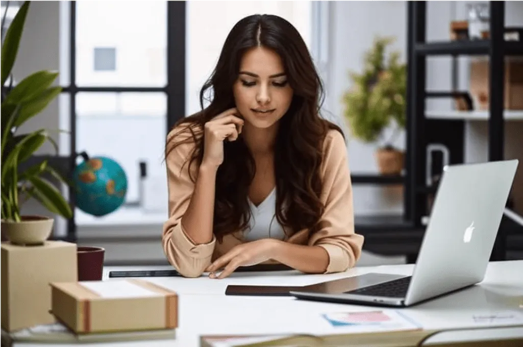 Красивая брюнетка анализирует тренды товаров: парсинг AliExpress для выбора ниши.