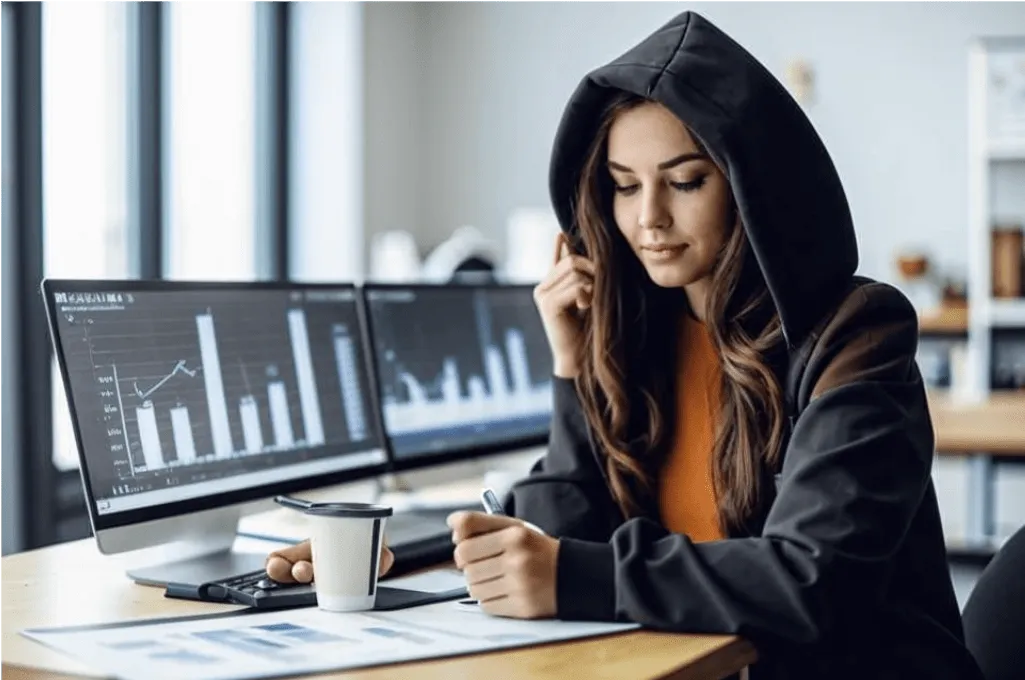 красивая девушка анализирует парсинг данных о продавцах на маркетплейсе