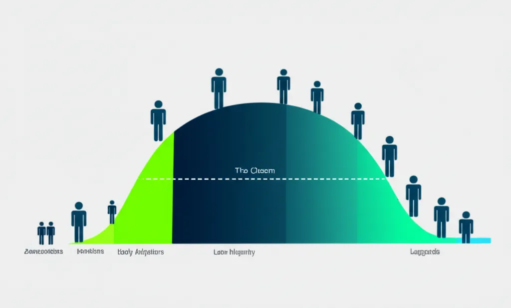 Инфографика, иллюстрирующая кривая принятия продукта SaaS маркетинг с разделением на сегменты: новаторы, ранние последователи и большинство.