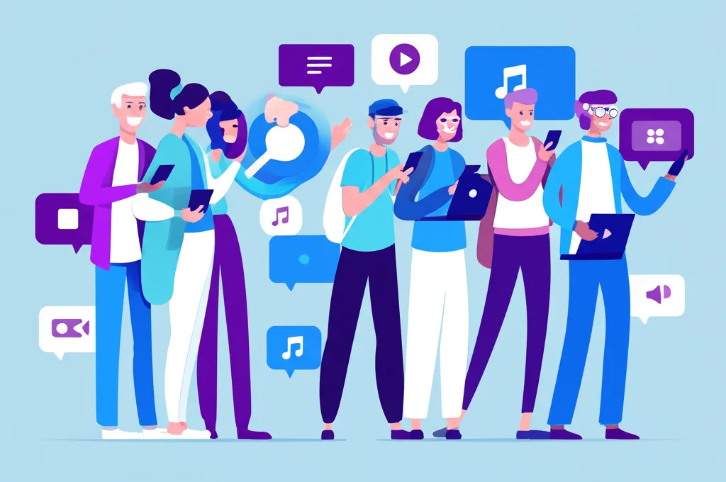 Инфографика, показывающая, кто пользуется сетью ВКонтакте: разнообразные группы людей разного возраста и профессий.