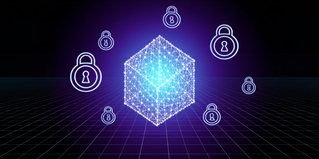 Абстрактная визуализация, где защищенные личные данные датасеты представлены в виде светящегося куба под охраной цифровых замков.