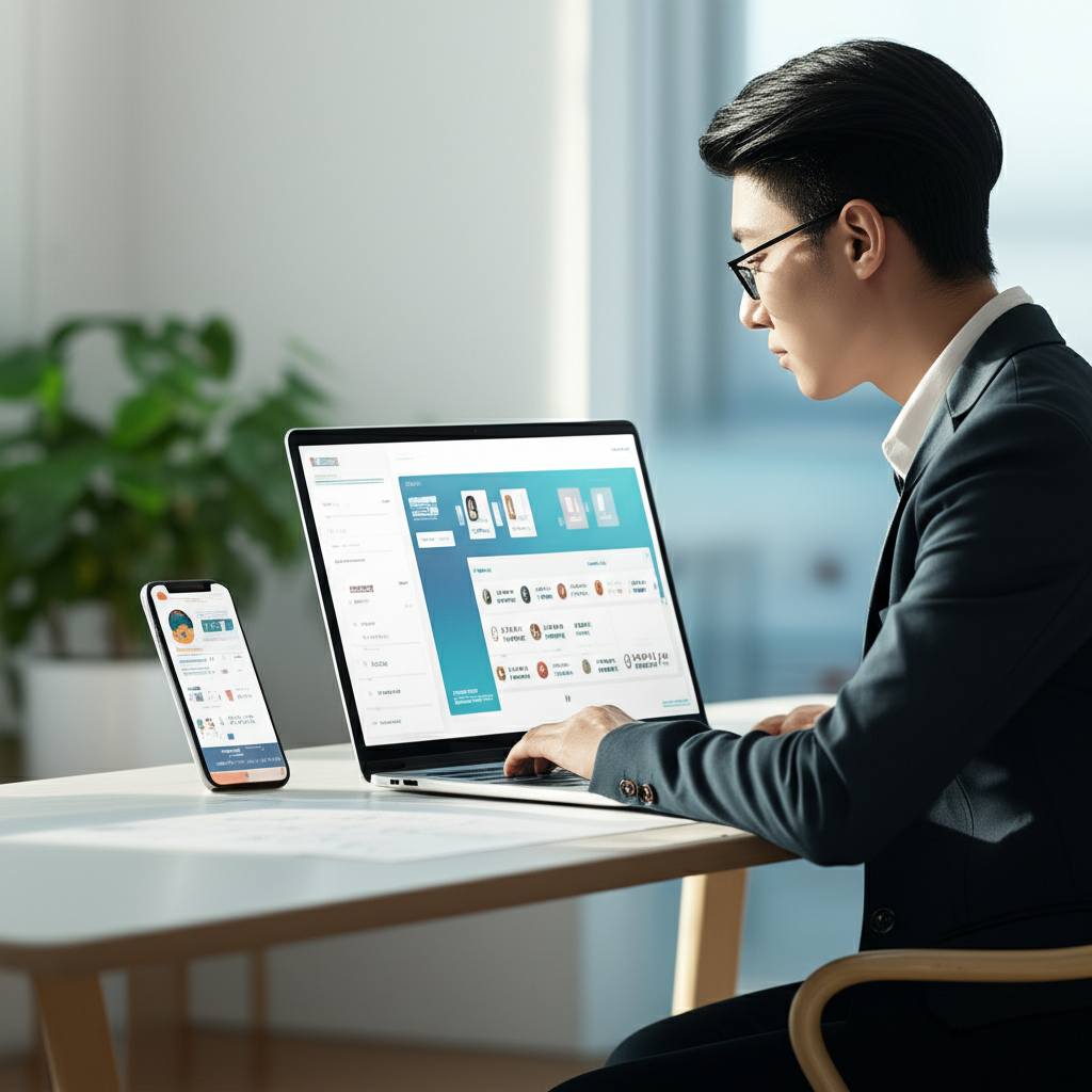 Ноутбук с интерфейсом лучшая CRM для малого бизнеса 2025 на рабочем столе предпринимателя.