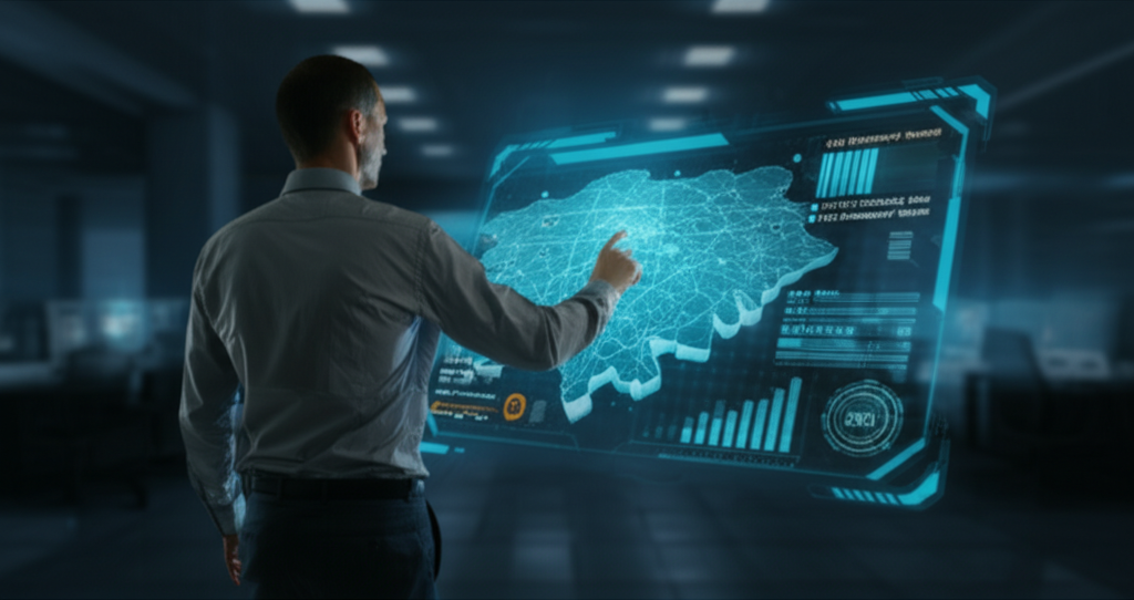 Специалист использует лучшая система управления автопарком с интеллектуальной интеграцией для анализа данных и оптимизации маршрутов.