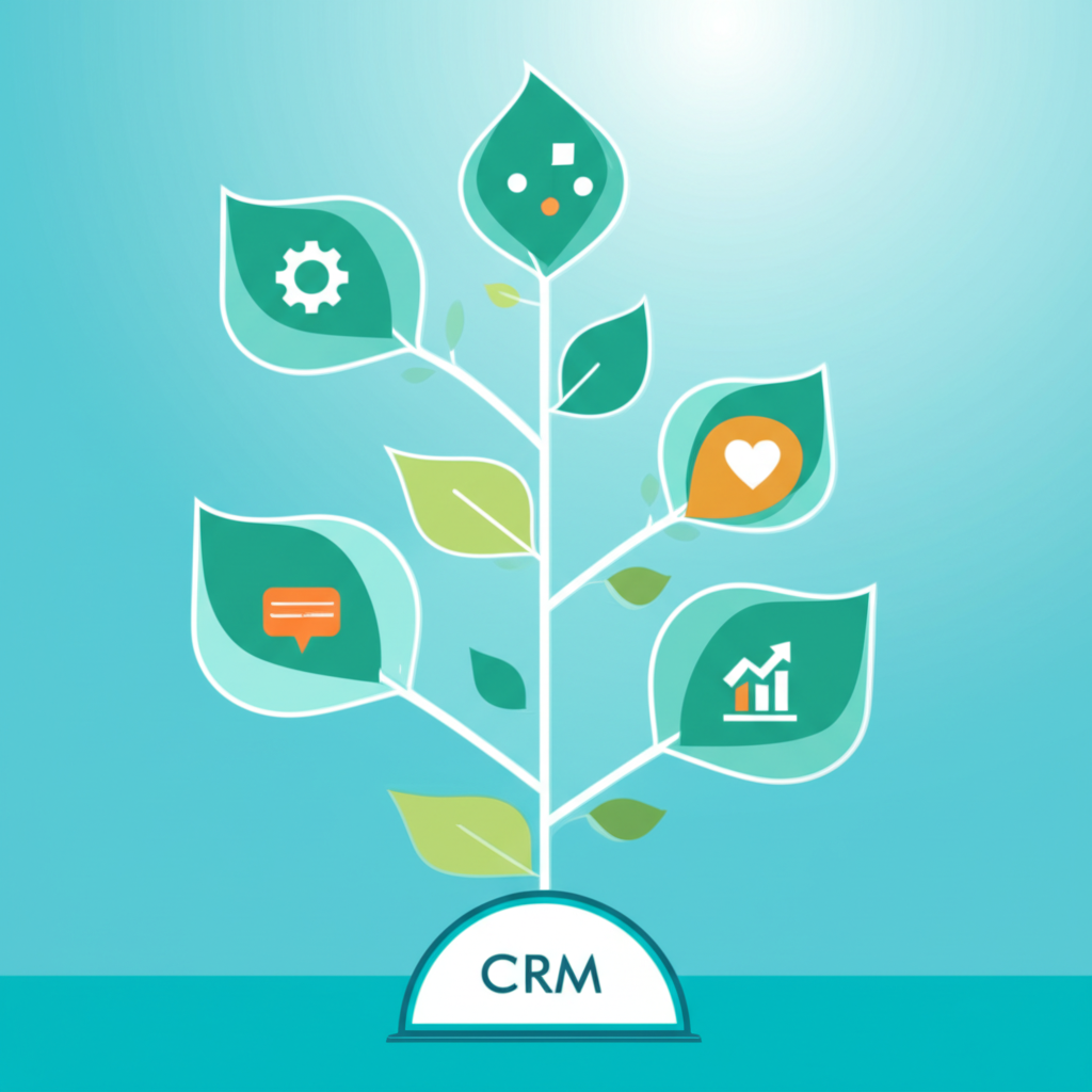Инфографика, иллюстрирующая лучшее CRM для стартапов малого бизнеса 2025 с иконками ключевых функций.