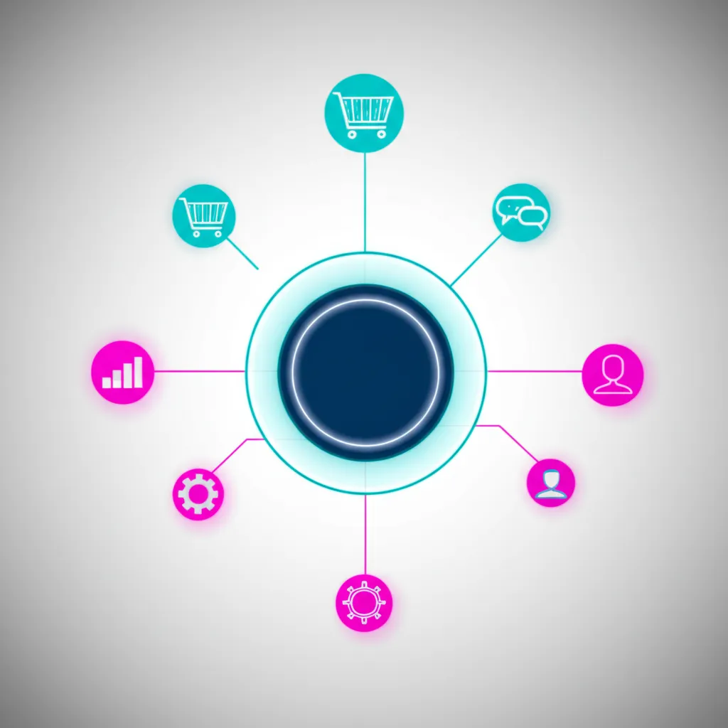 Инфографика, иллюстрирующая лучшее ПО CRM 2025 платформы как центральный узел для управления бизнесом.