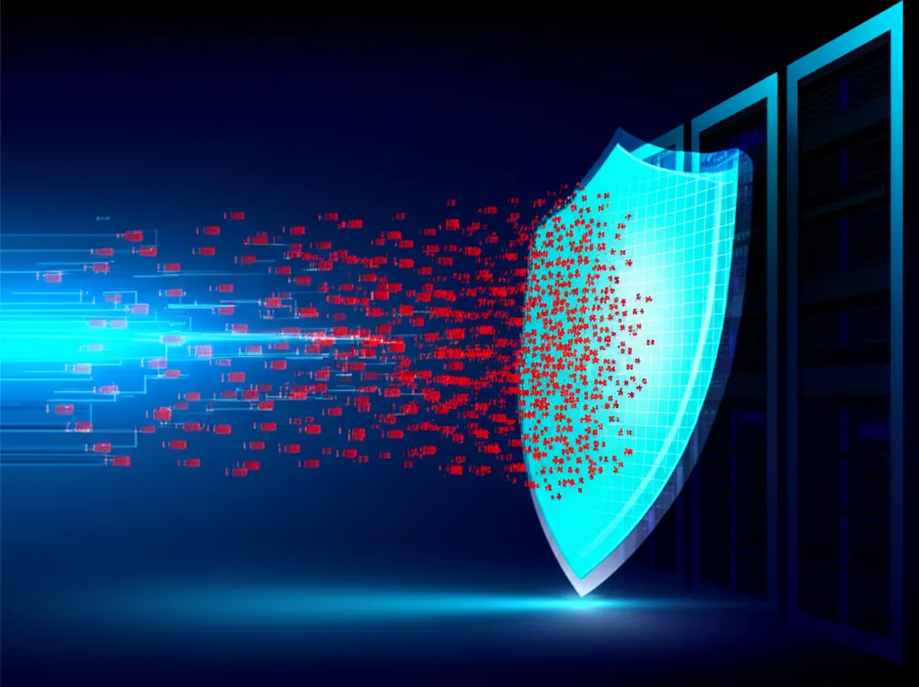 Цифровой щит отражает поток данных, иллюстрируя лучшее ПО для защиты от DDoS-атак.