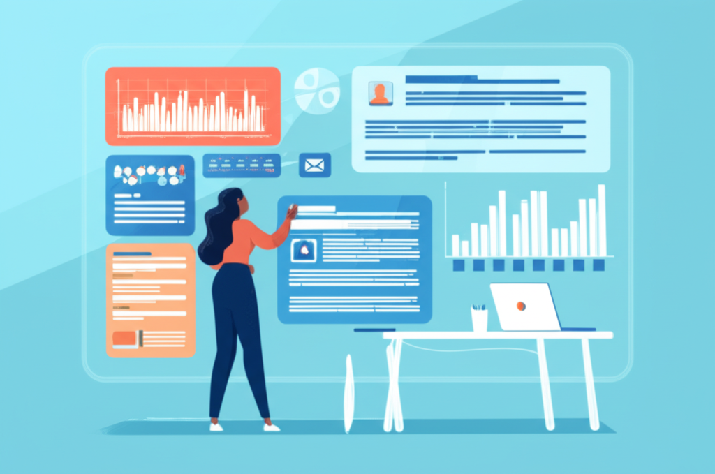 Предприниматель анализирует данные, выбирая лучшее программное обеспечение для email маркетинга для малого бизнеса 2025.