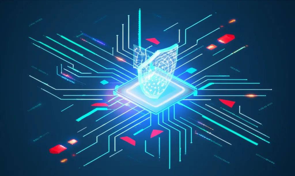 Абстрактная визуализация цифрового щита, который представляет лучшее программное обеспечение для сетевой безопасности.