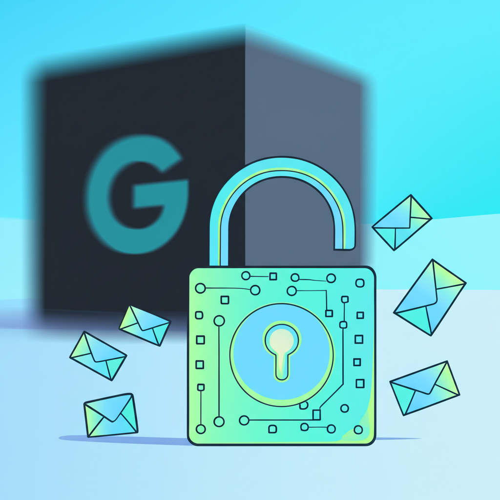 Иллюстрация, символизирующая безопасные альтернативы Gmail с открытым исходным кодом, где письма свободно вылетают из открытого замка.