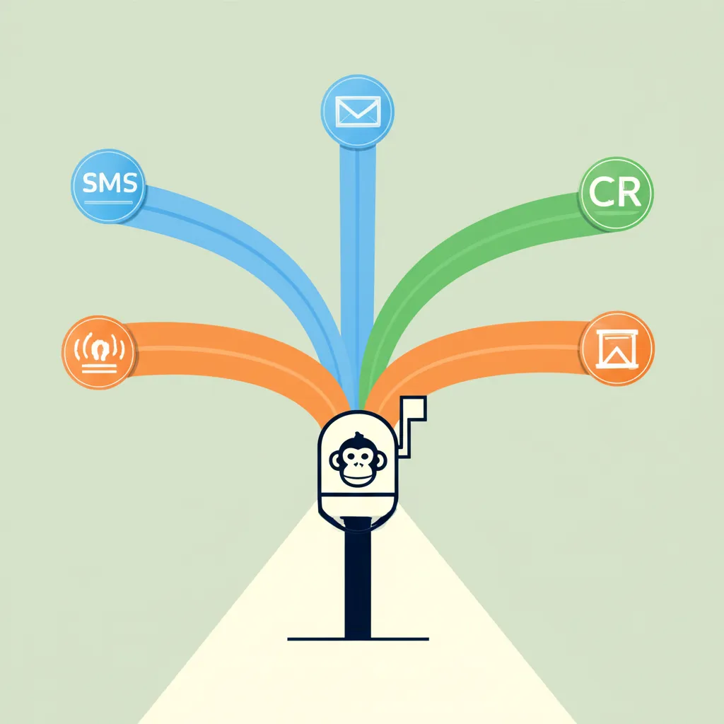 Инфографика, показывающая лучшие альтернативы Mailchimp 2025 в виде нескольких путей, отходящих от центрального сервиса.