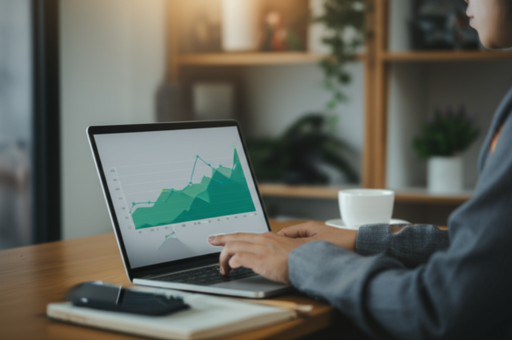 Предприниматель анализирует лучшие бесплатные CRM программы для бизнеса 2025 на ноутбуке в офисе.