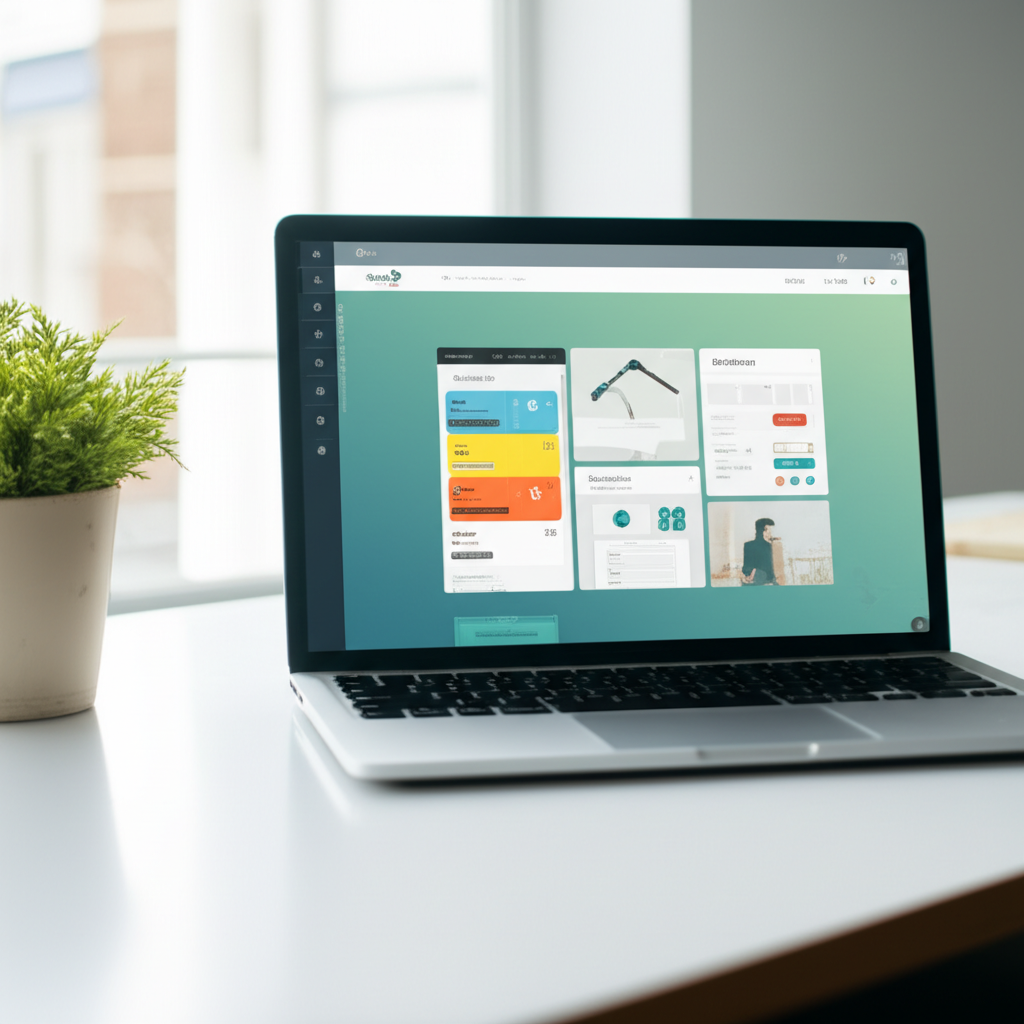 Ноутбук с открытым интерфейсом одного из лучших бесплатных конструкторов сайтов 2025 на рабочем столе.