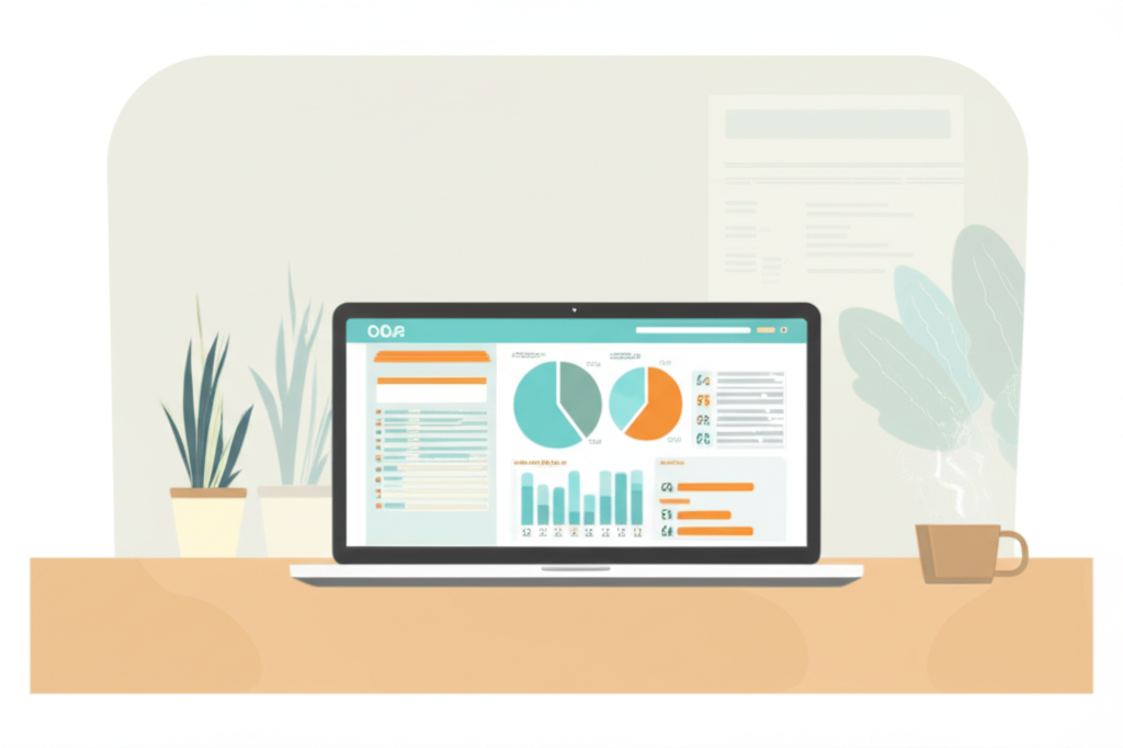 Инфографика, демонстрирующая лучшие CRM для малого бизнеса 2025 на экране ноутбука в офисе.