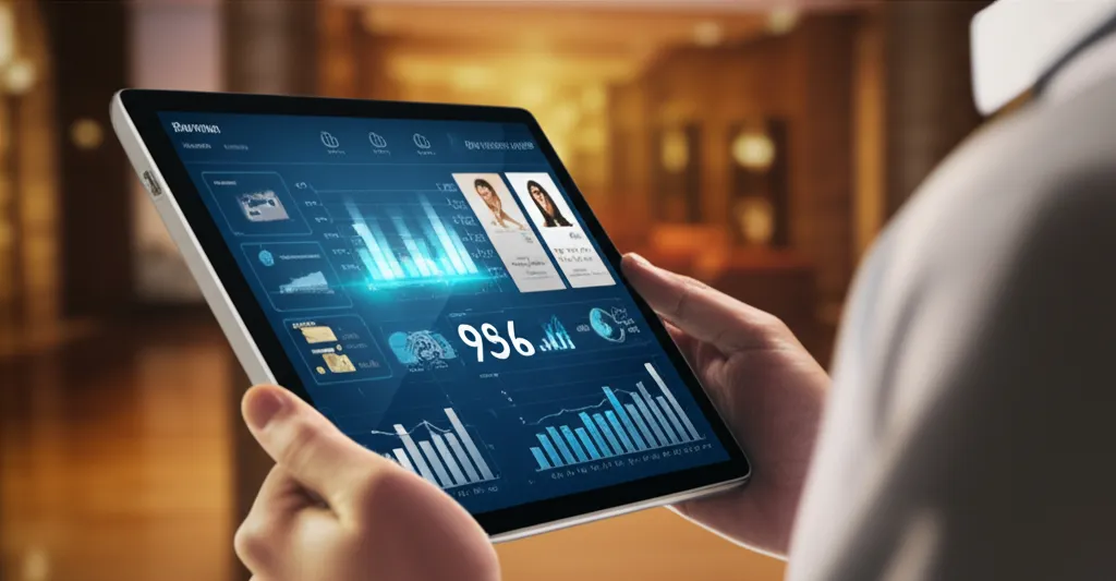 Интерфейс на планшете, который демонстрирует лучшие гостиничные CRM 2025 в работе.